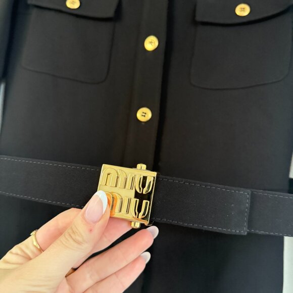 NWT Miu Miu Cady Shirt Dress Black Button Down Belted w/ Gold Tone Logo Buckle - Picture 5 of 10